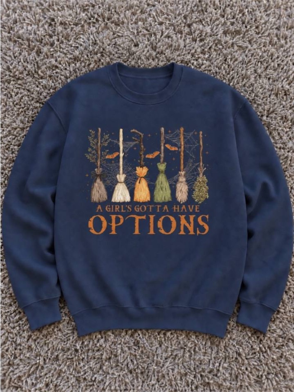 Navy Crewneck Sweatshirt with Orange & Green Broomstick Graphic